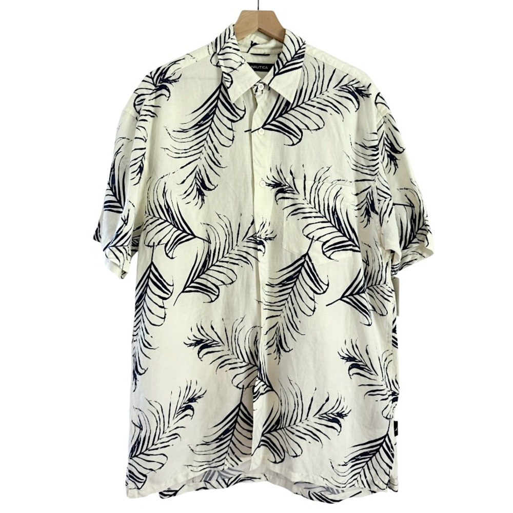 NWT Nautica Linen Short Sleeve Button Front Leaf Printed Shirt White Men’s Large